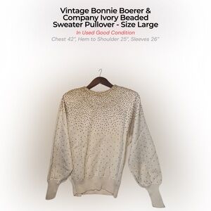 Vintage 1980s Bonnie Boerer Ivory Beaded Sweater Balloon Sleeve Large